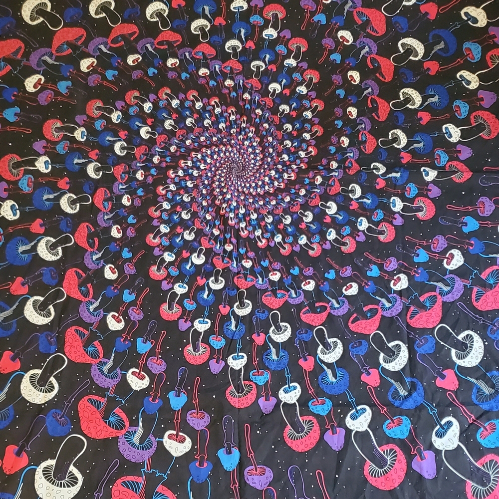 Glow In The Dark Mushroom Vibrant Spiral Tapestry in Black, Blue, and Pink